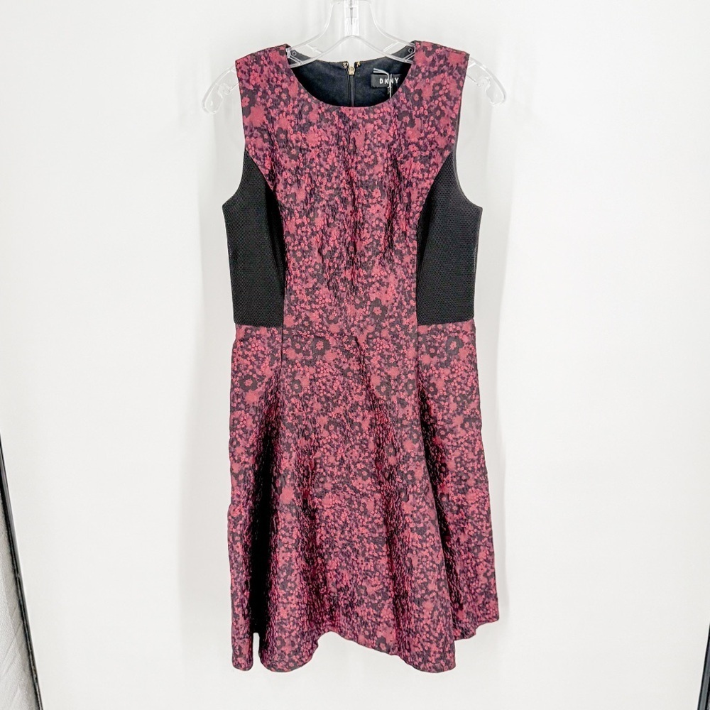 DKNY Floral Print Midi Dress with Black Panels